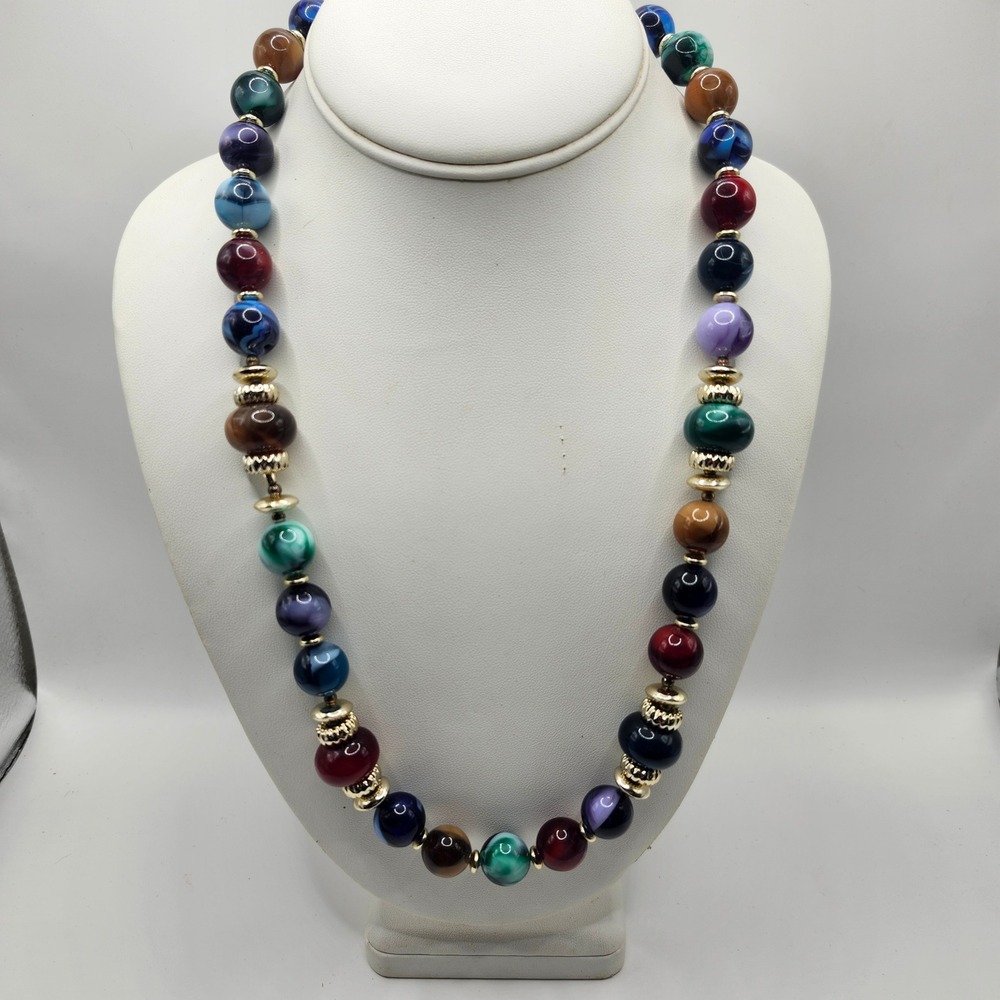 Vintage Multi Color Swirl Lucite Bead Necklace Gold Tone Spacers Boho Statement